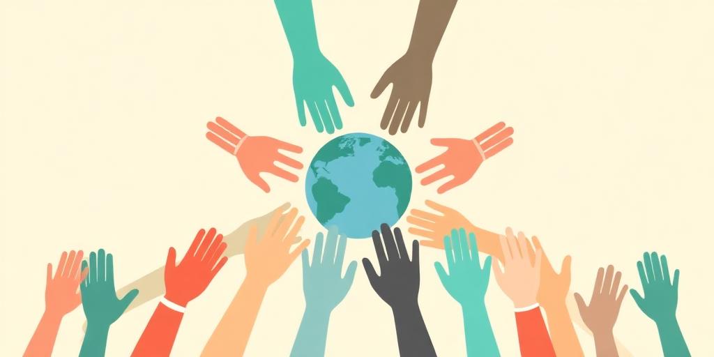 Illustration of many diverse hands reaching toward a globe
